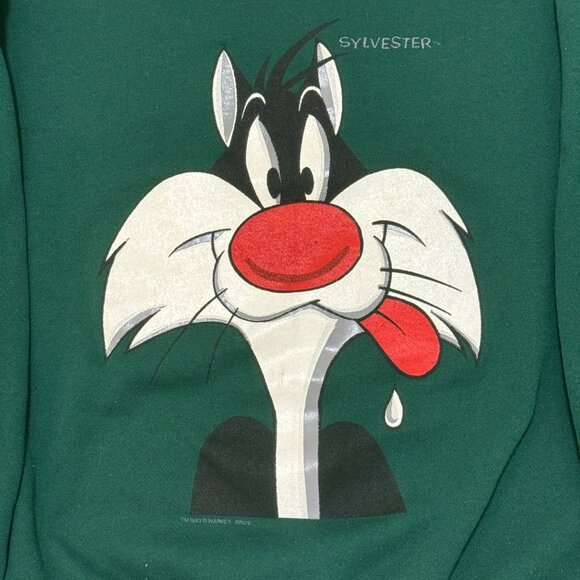 VTG Sylvester the Cat Sweatshirt Men's XL Green Looney Tunes Crewneck 90s Hanes - Picture 3 of 9